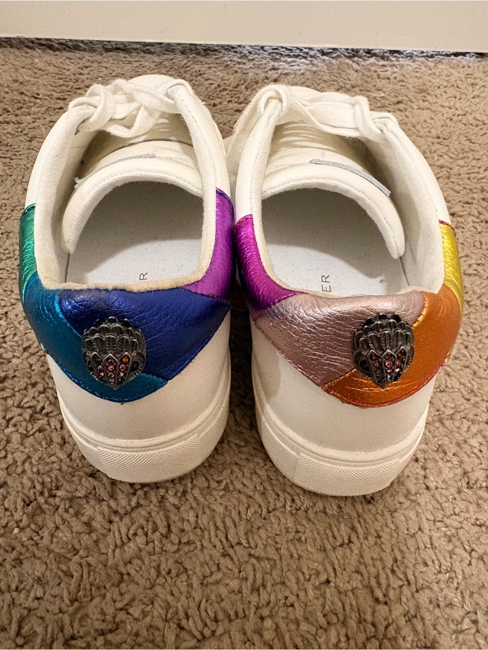 Kurt Geiger White Leather Sneakers with Rainbow Metallic Heel Accents - Picture 3 of 5